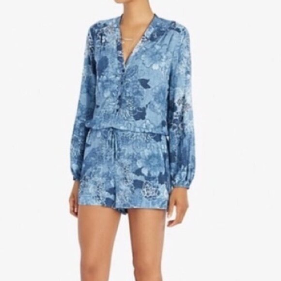 Intermix Romper Women's Size Large Blue Floral Tie Front Long Sleeve - Picture 1 of 6
